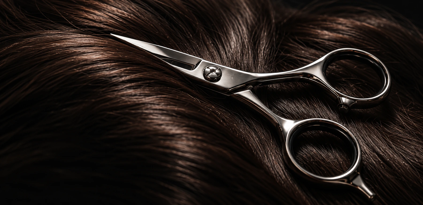 Forbici professionali su capelli scuri, immagine illustrativa